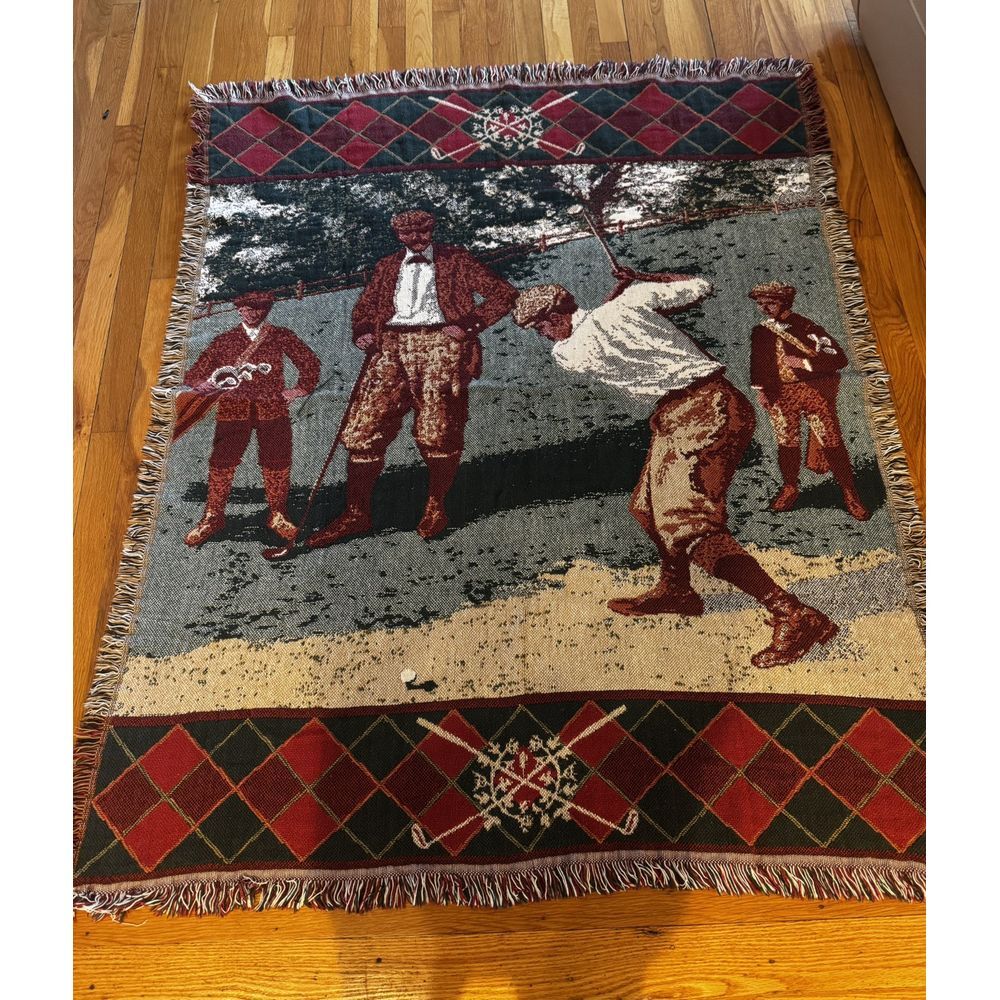 Vintage Crown Crafts Old Time Golf Lap Throw Tapestry Blanket Fringe 59x48‎